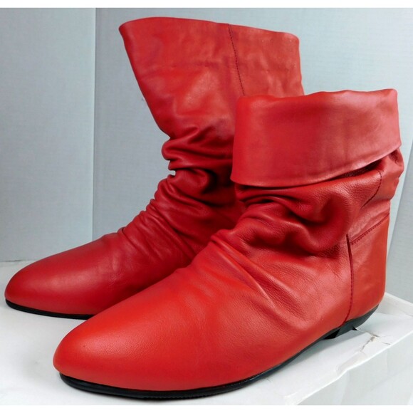 Vintage 80s Red Genuine Leather Slouch Boots Women’s 7.5 Flats, Cuffable NEW - Picture 1 of 13